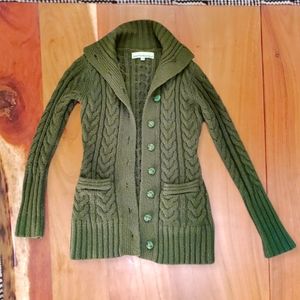 Vintage Y2K Thick Mid Length Army Green Cable Knit Button down Cardigan